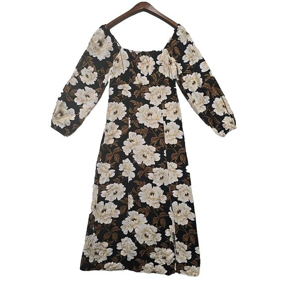 Old Navy Floral Midi Dress XS P Puff Sleeve Dark Romantic Milkmaid Square Neck - Picture 1 of 9